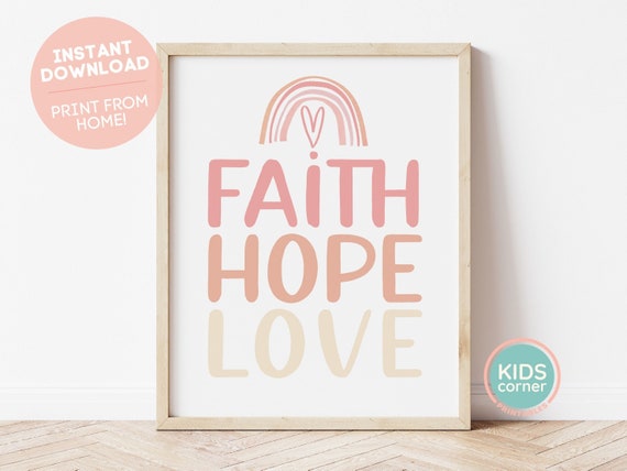 Faith Hope Love Print Pink Orange Yellow Letters Rainbow Pink Heart Corinthians Bible Reference Love
