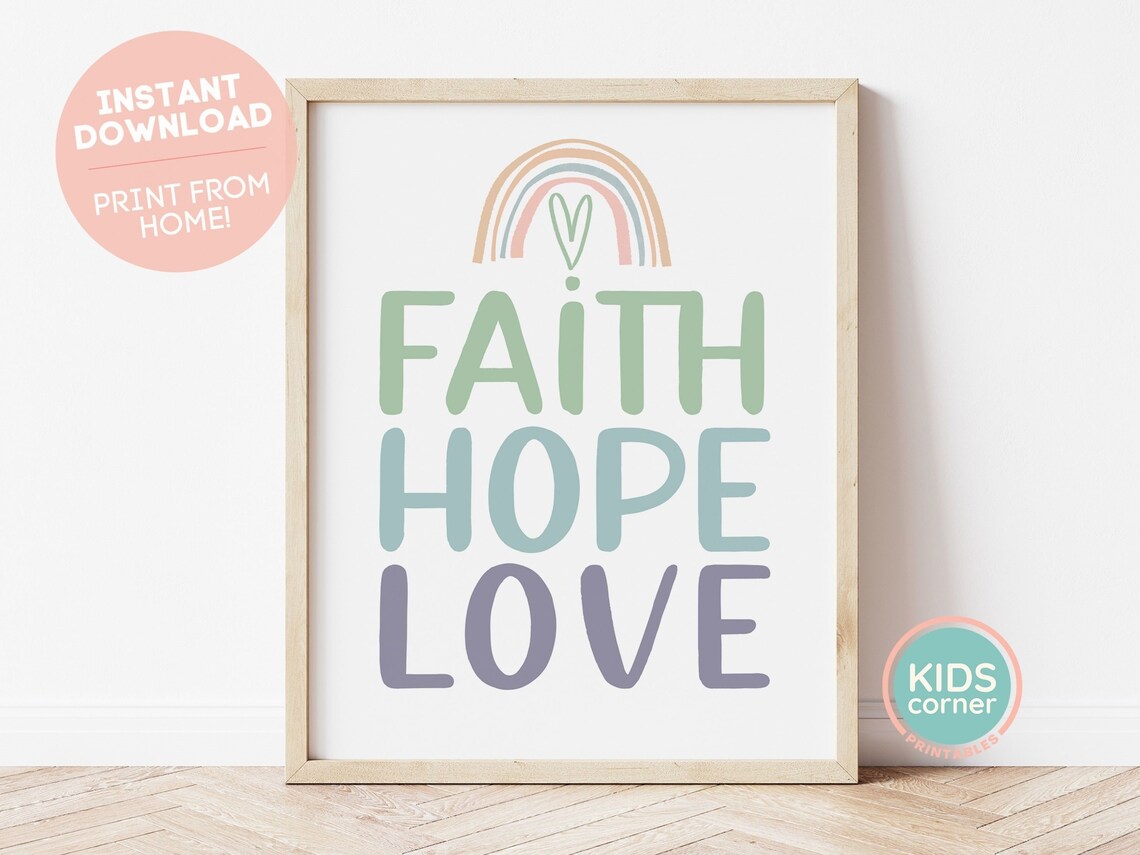 Faith Hope Love Rainbow Heart Kids Pastel Uplifting Quote Poster