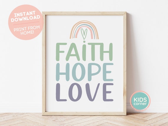 Faith Hope Love Print Green Blue Purple Letters Rainbow Green Heart Corinthians Bible Reference Love