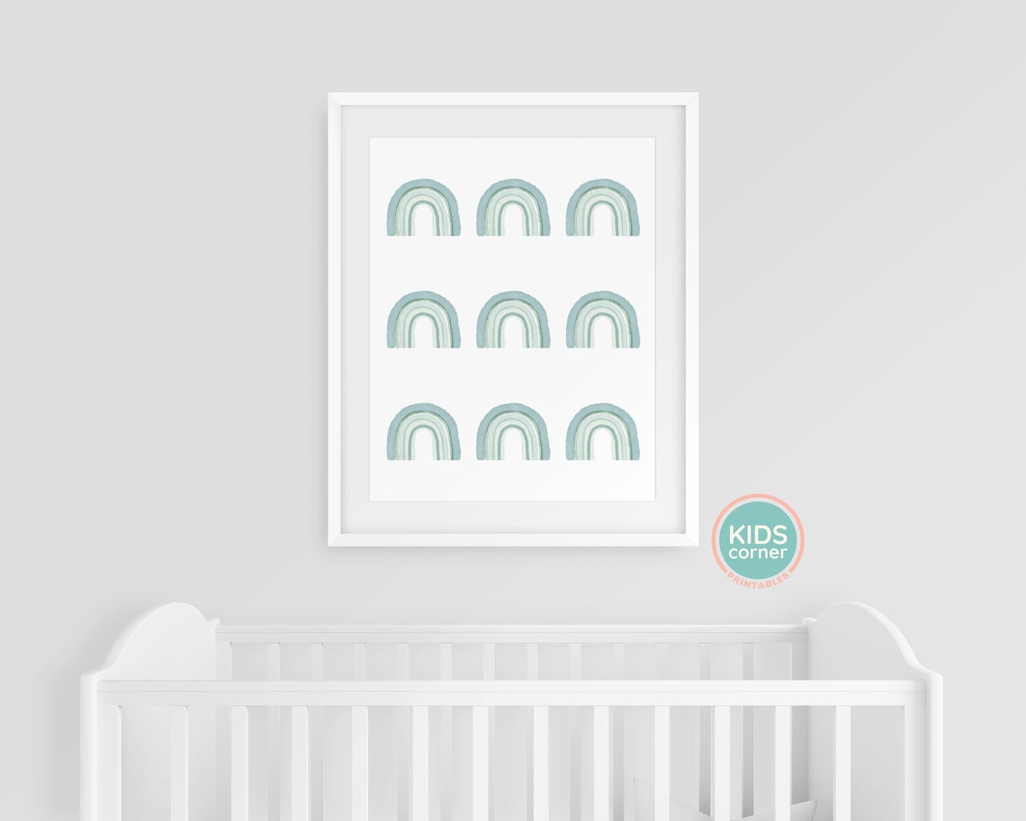 Teal Watercolor Rainbow Grid Soft Boho Nursery Kids Decor Poster - Image 3