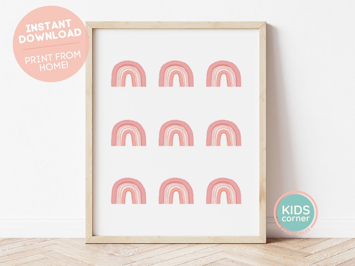 Pink Rainbow Grid Nine Mini Watercolor Rainbows Nursery Poster