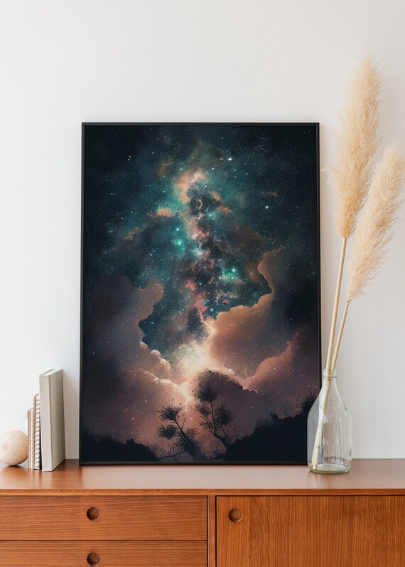 Milky Way Night Sky Landscape Painting Mountain Backdrop Orange Blue Oil Painting Vintage Wall Art