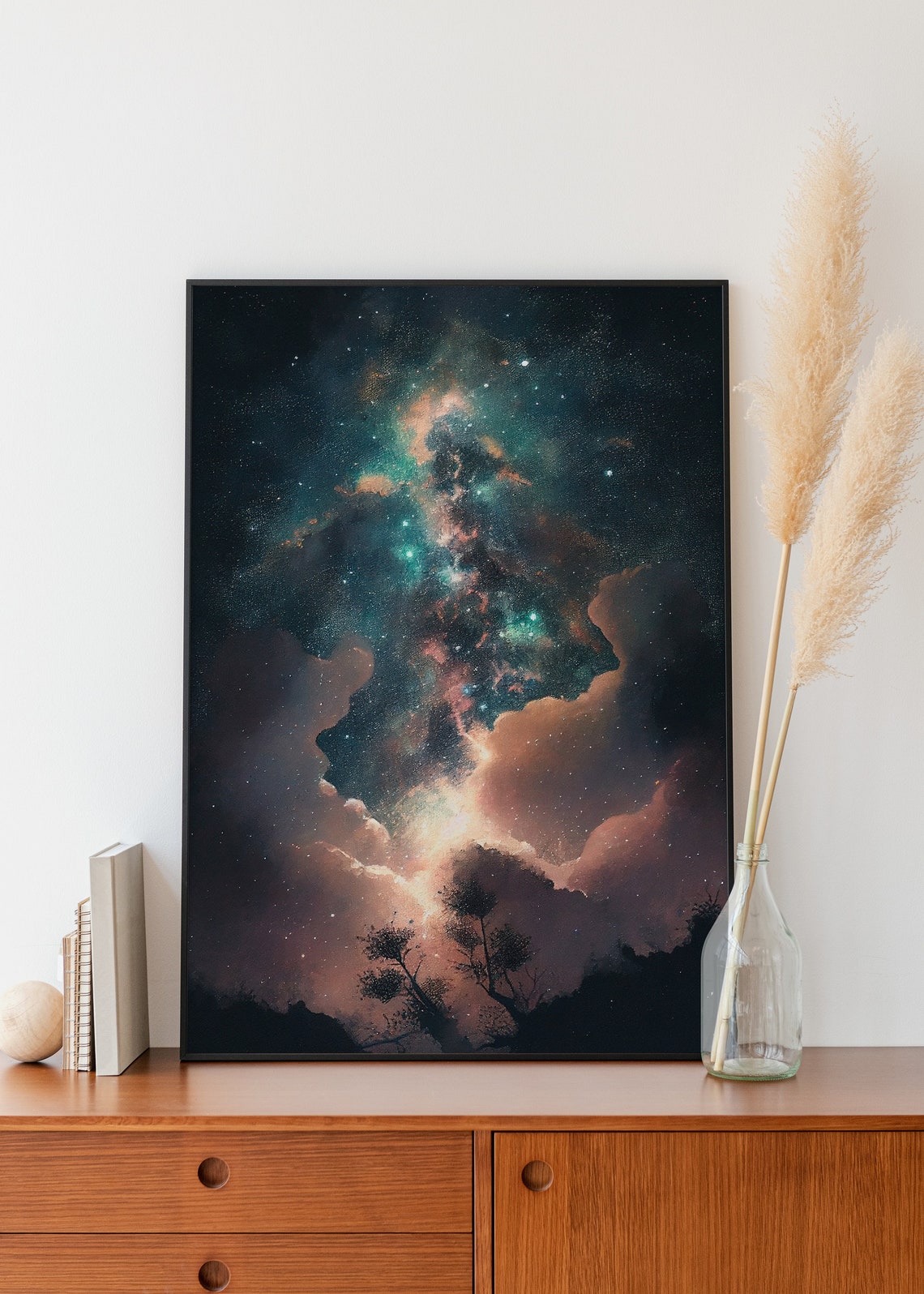Milky Way Galaxy Over Silhouetted Trees Night Painting Poster