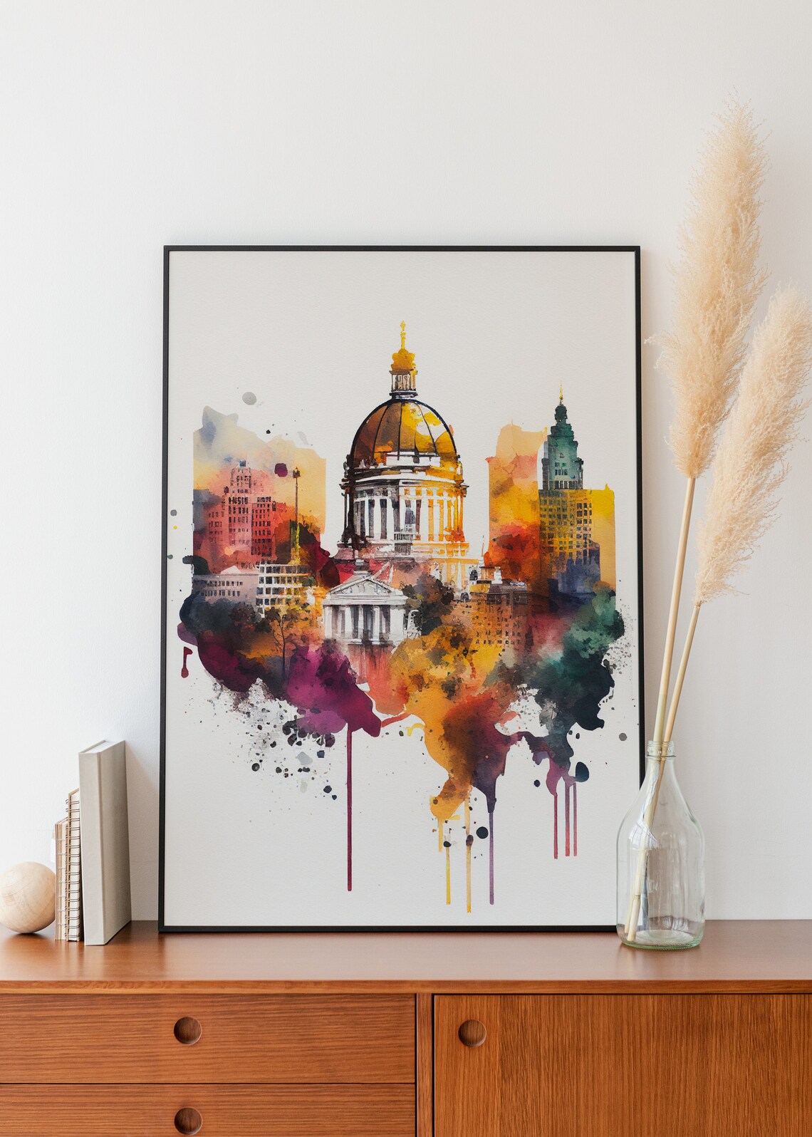 Historic Capitol Building Watercolor City Skyline Art Poster