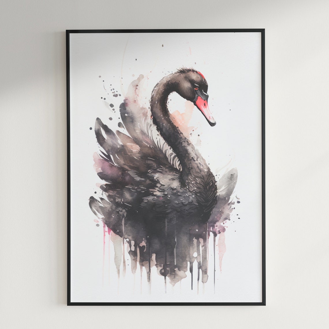 Elegant Black Swan Red Beak Watercolor Graceful Bird Wall Art - Image 2