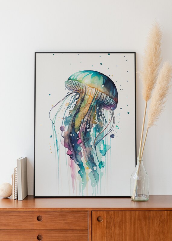 Jellyfish Wall Art Watercolor Jellyfish Wall Decor Airbnb Wall Art Watercolor Animal Art Jellyfish Watercolor Room Decor