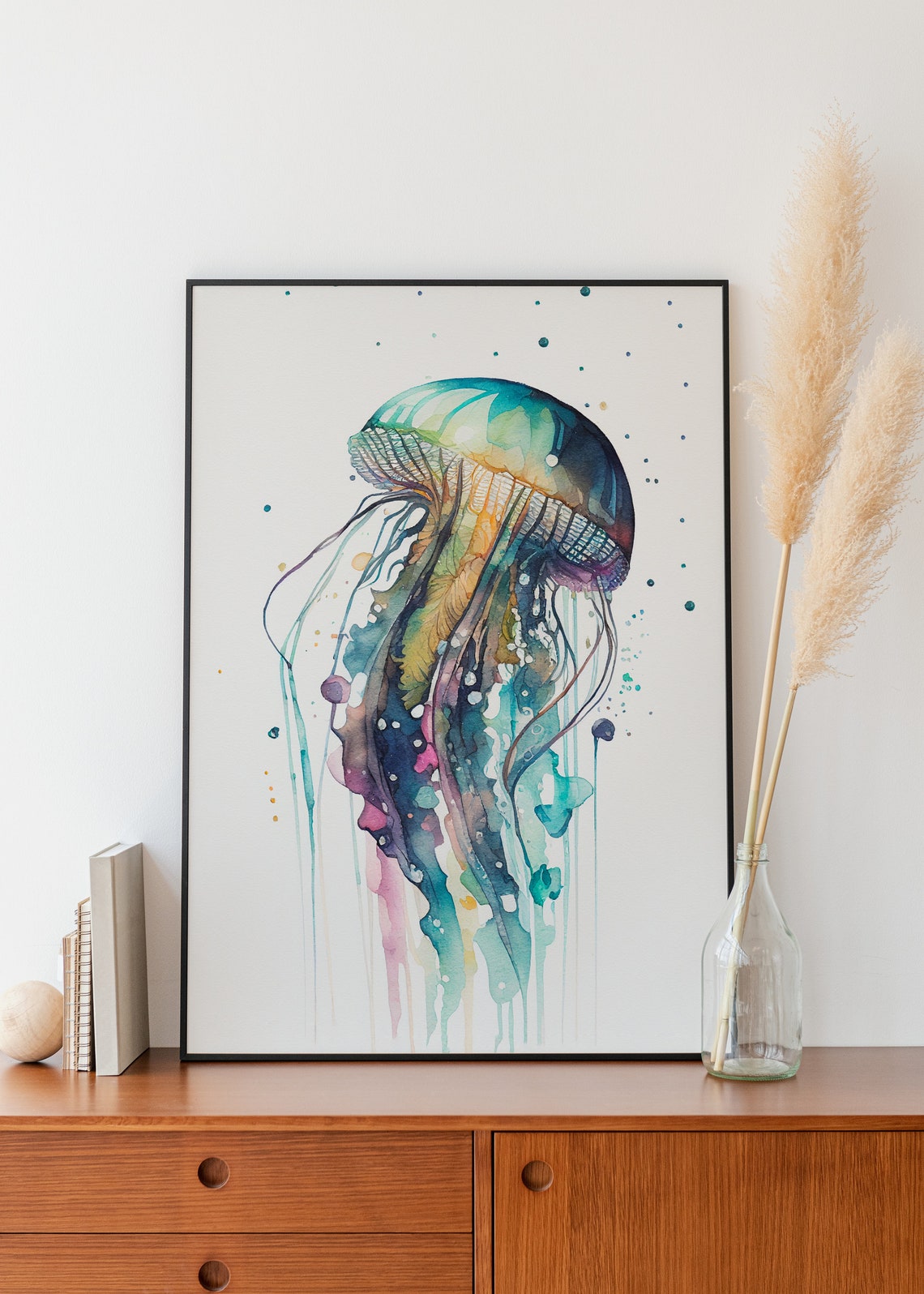 Luminous Jellyfish Drifting Teal Watercolor Ocean Creature Poster