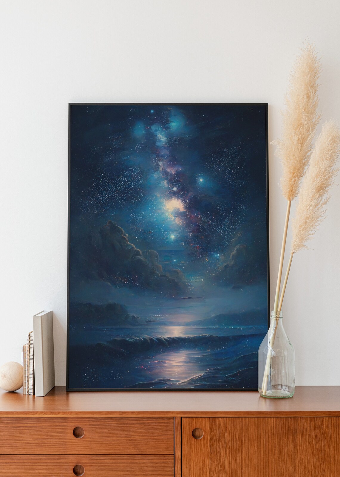 Milky Way Galaxy Night Sky Glowing Above Moonlit Ocean Waves Poster