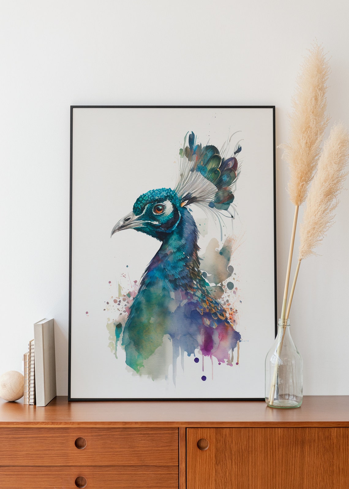Peacock Head Portrait Iridescent Blue and Teal Watercolor Poster