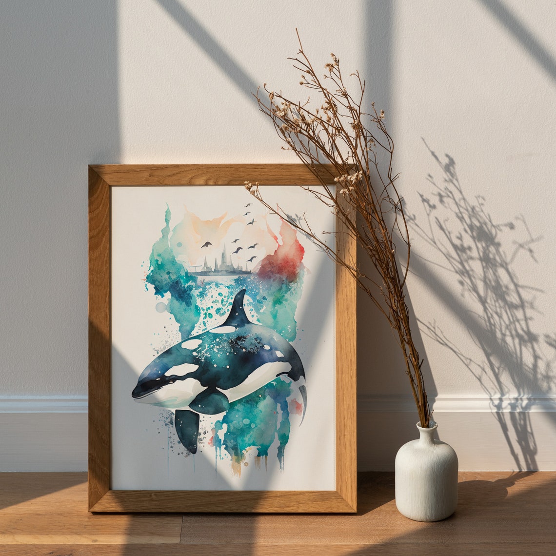 Orca Killer Whale Watercolor with Distant City Skyline Poster - Image 3