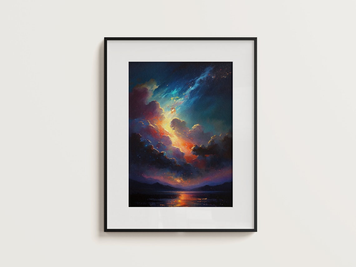 Galaxy Night Sky Over Mountains Lake Dreamy Oil Style Poster - Image 3
