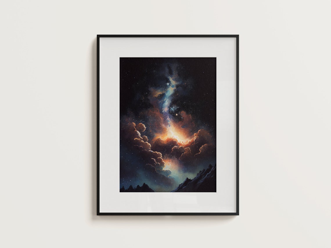 Glowing Cosmic Clouds Over Jagged Mountain Peaks Night Sky Poster - Image 3