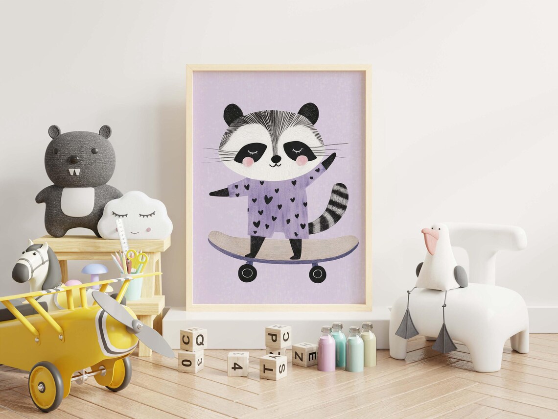 Cute Raccoon Riding Skateboard Purple Heart Dress Nursery Wall Art - Image 3