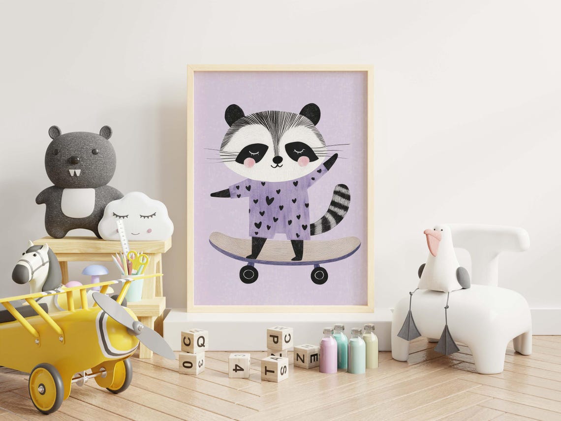 Nursery Raccoon Wall Art Kids Room Decor Cute Raccoon Boho Toddler Kids Room Decor Woodland Animal Print Playful Childrens Decor - Image 3