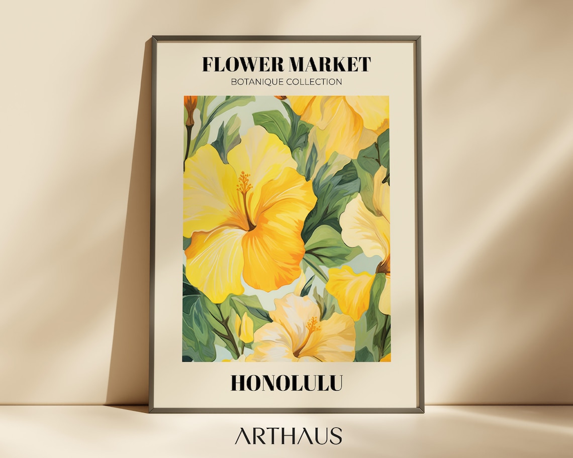 Honolulu Flower Market Yellow Hibiscus Vintage Botanical Poster