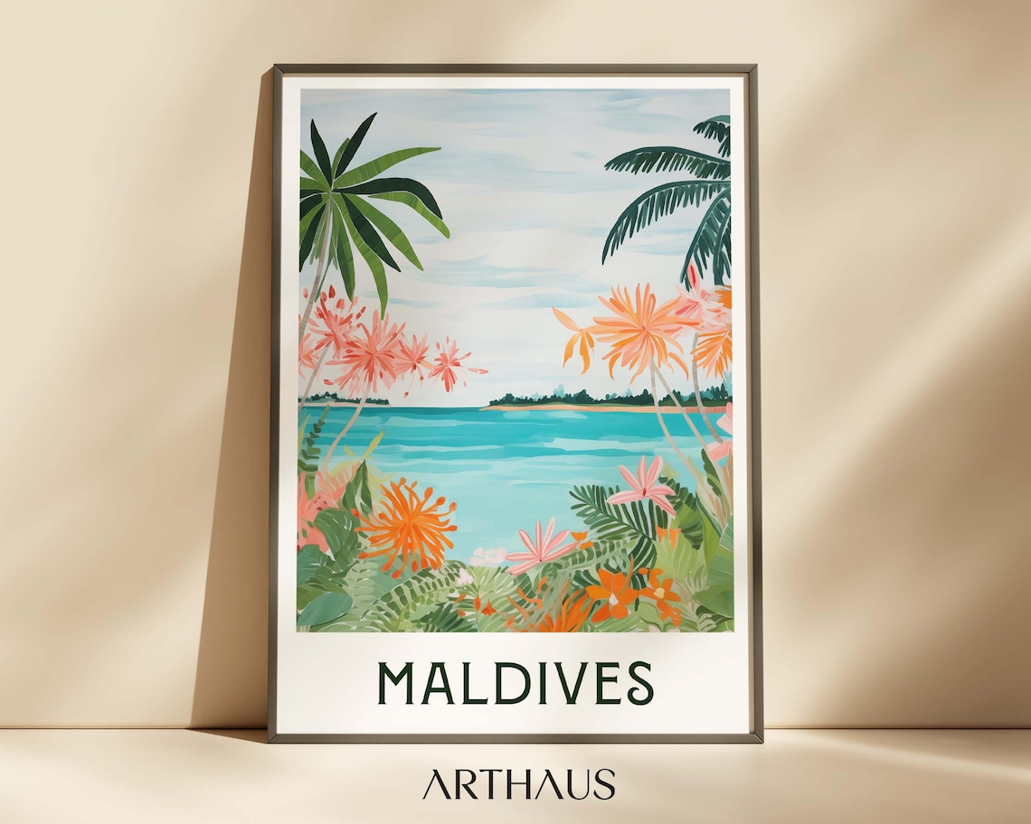 Maldives Tropical Beach Palm Trees Floral Travel Poster Island Art