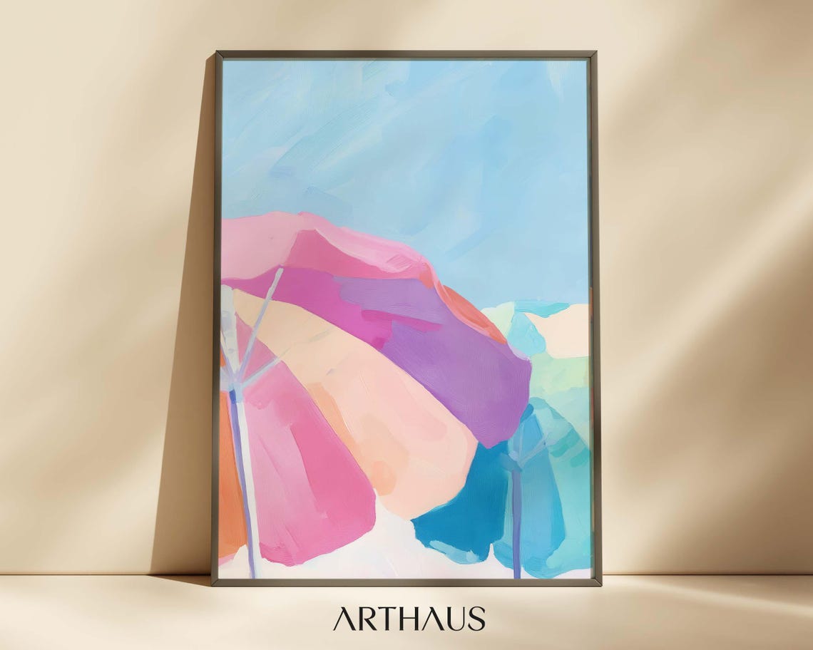 Pastel Beach Umbrella Summer Coastal Painting Minimalist Poster