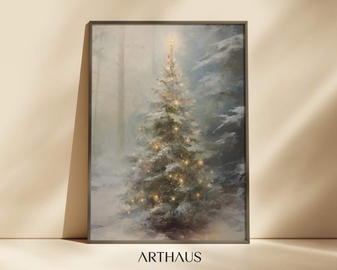 Snowy Christmas Tree in Misty Winter Forest Vintage Painting Poster