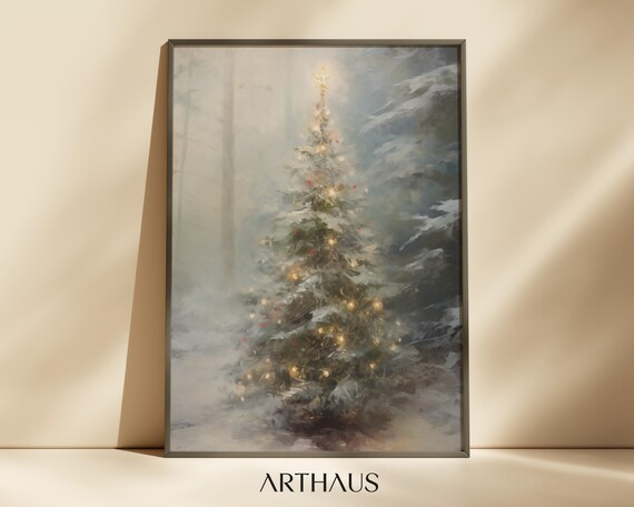 Snowy Christmas Tree in Misty Winter Forest Vintage Painting Poster