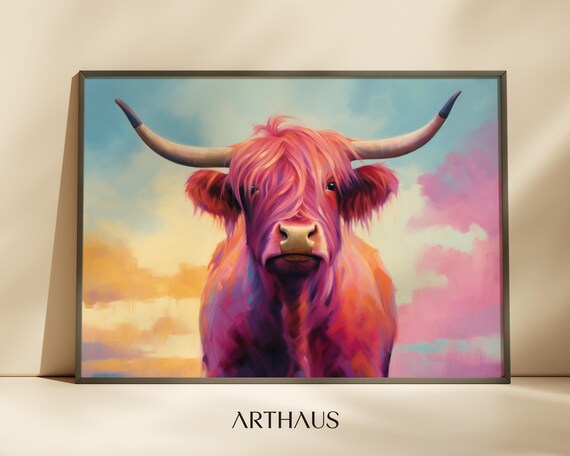 Pink Highland Cow Portrait Colorful Western Art Print Farm Decor