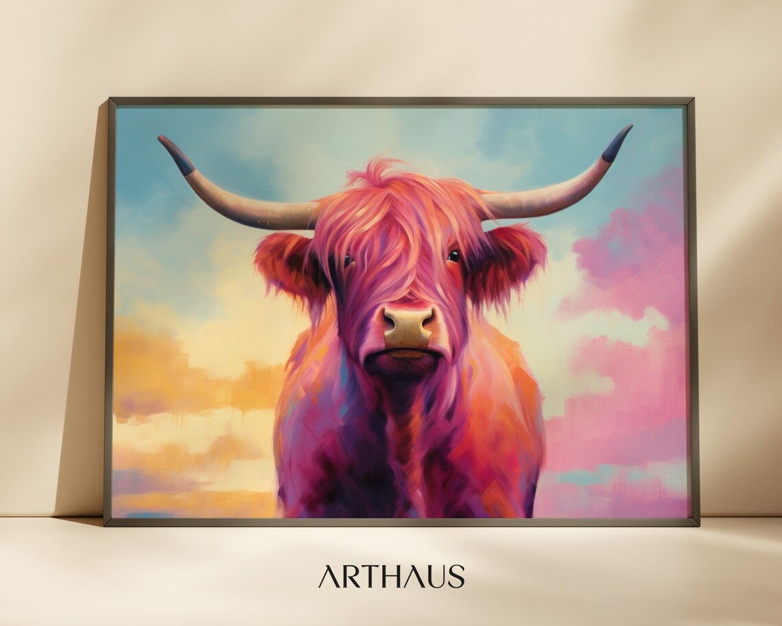 Pink Highland Cow Portrait Colorful Western Art Print Farm Decor