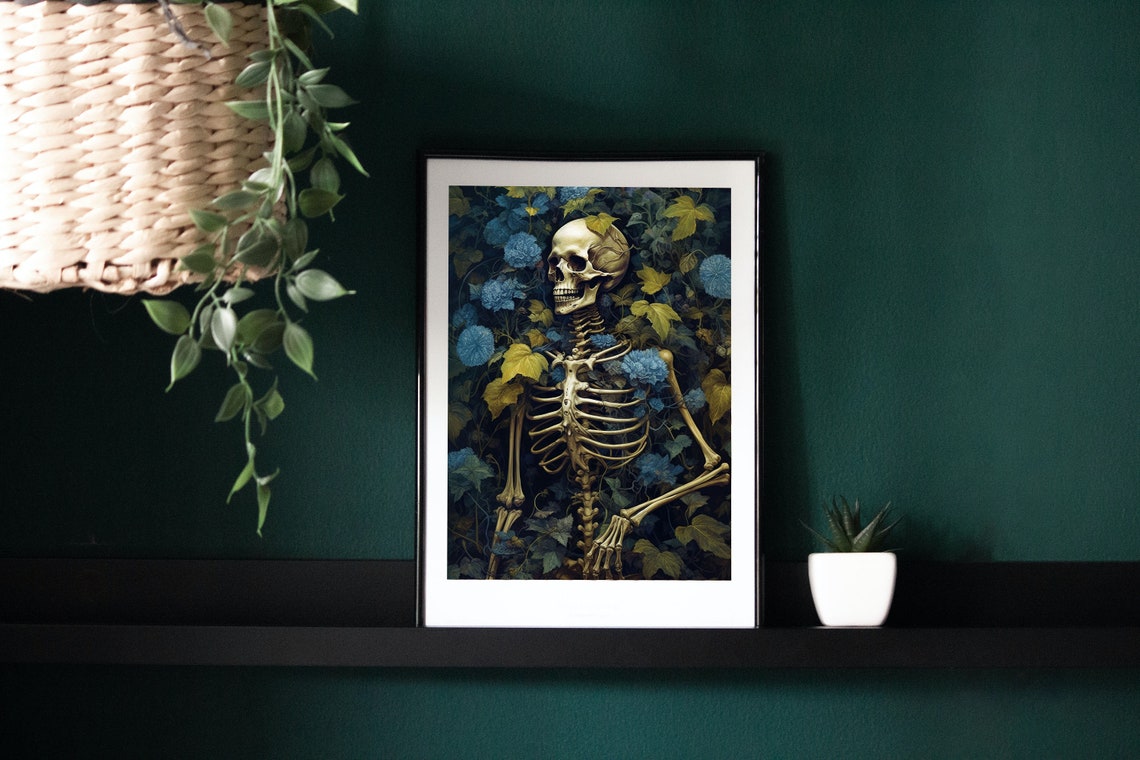 Dark Academia Skeleton Floral Goth Moody Botanical Art Poster - Image 3