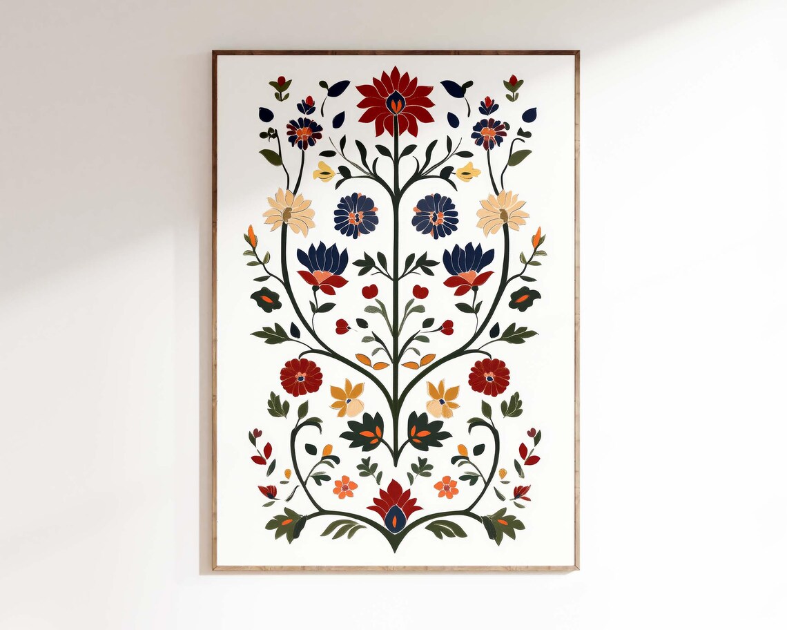 Indian Folk Floral Symmetry Red Navy Vintage Botanical Art Poster - Image 3