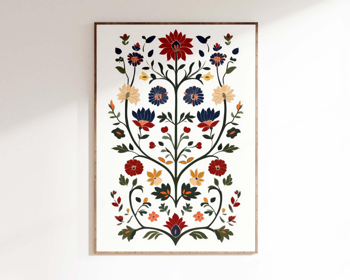 Traditional Indian Folk Wall Art Floral Antique Painting Living Room Decor Antique Indian Art Botanical Indian Painting Poster - Image 3