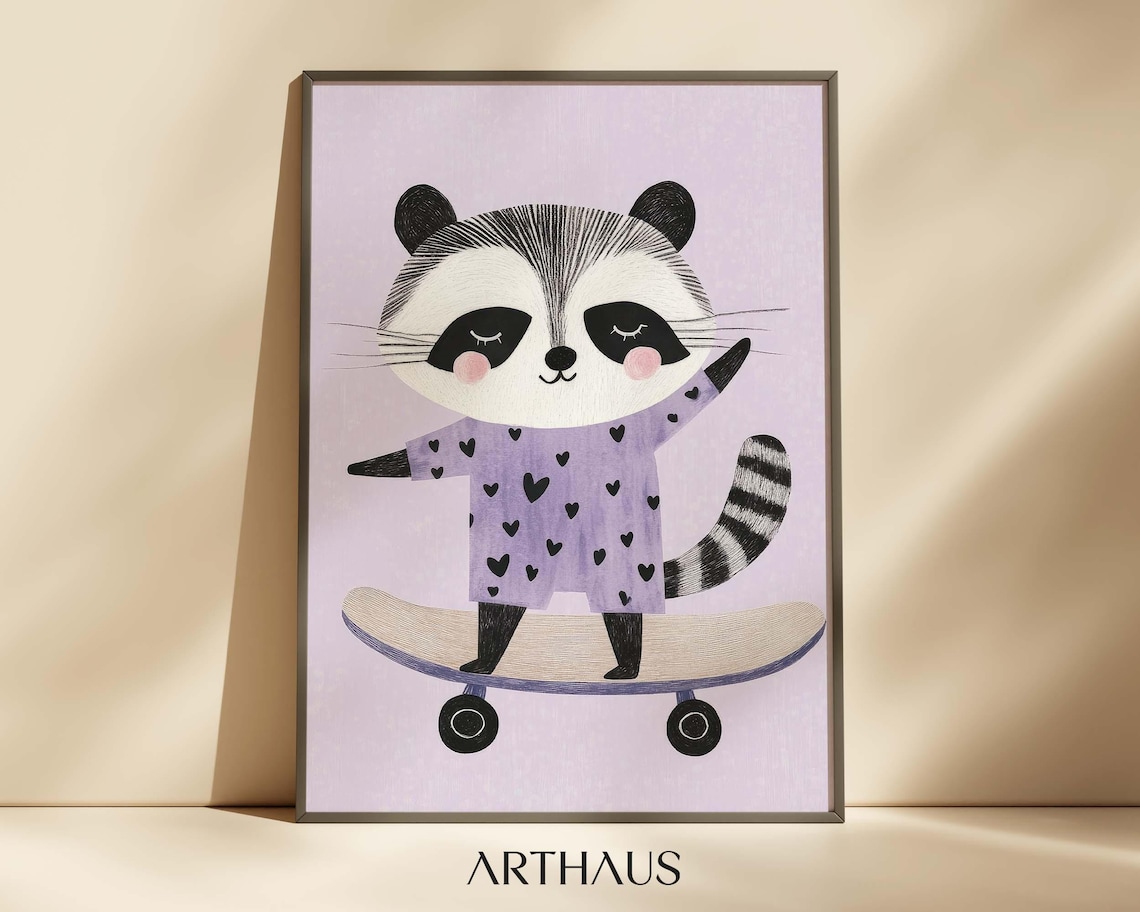 Cute Raccoon Riding Skateboard Purple Heart Dress Nursery Wall Art