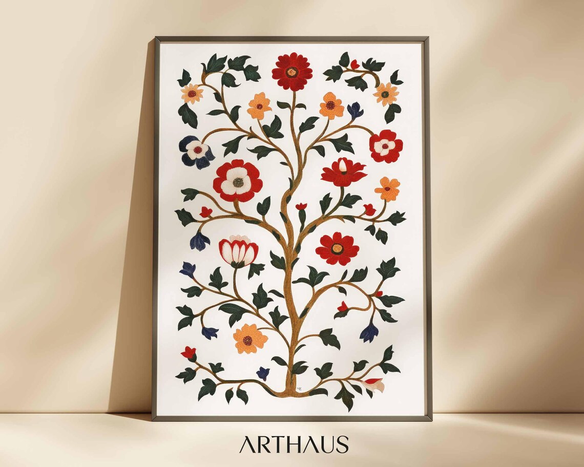 Indian Folk Art Tree Of Life With Red And Orange Blossoms Print
