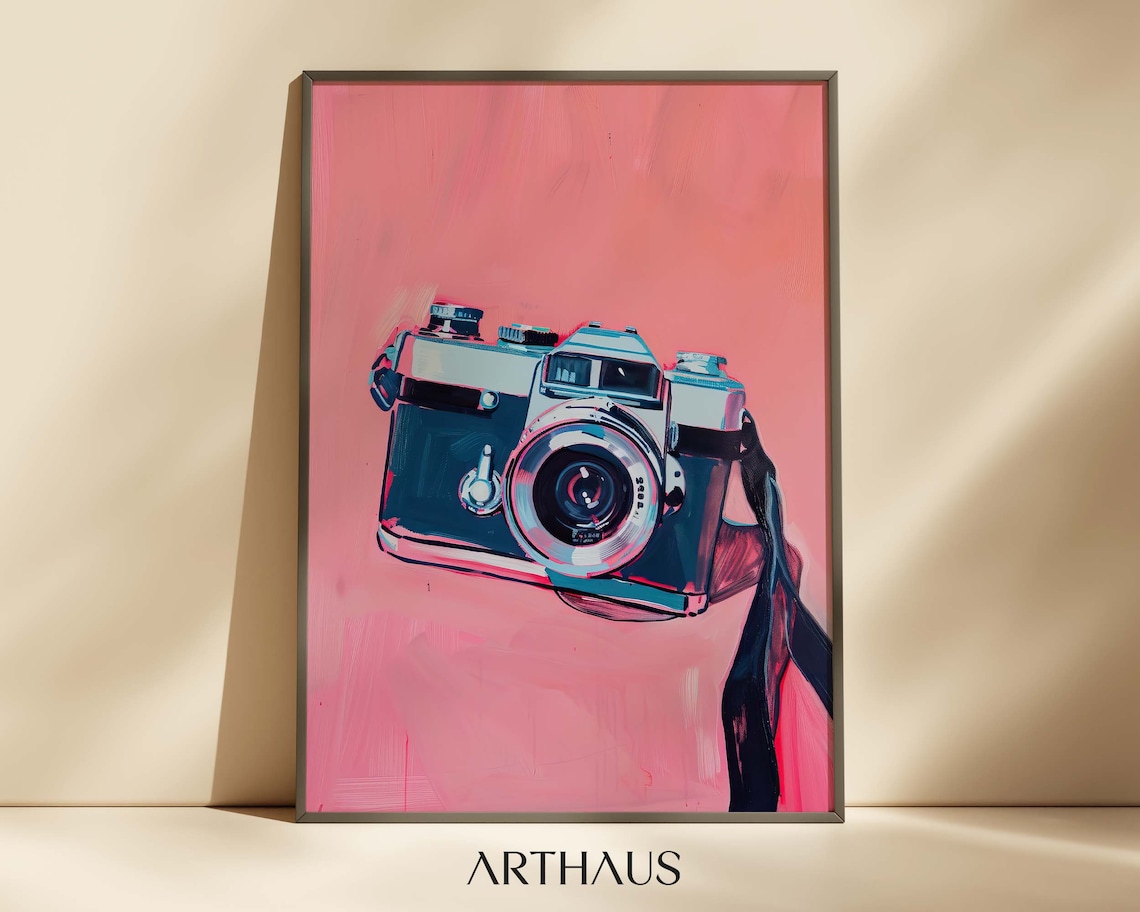 Retro Camera Art Print, Girly Pink Aesthetic