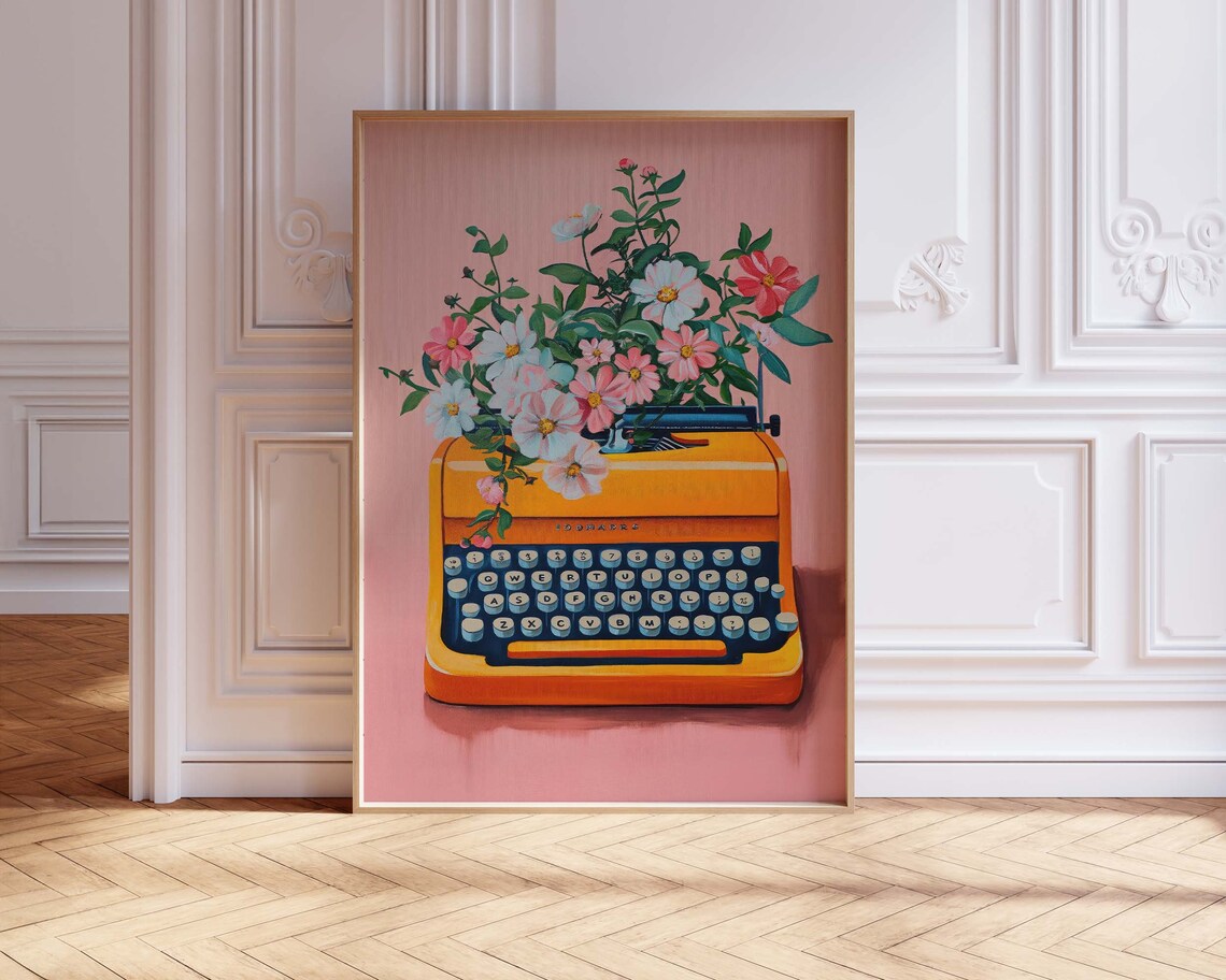Pink Floral Typewriter Poster, Boho Nursery Decor - Image 3