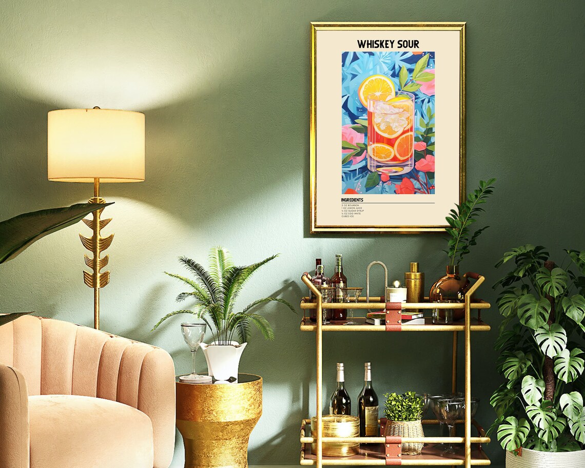 Whiskey Sour Cocktail Recipe Colorful Tropical Bar Art Print - Image 3