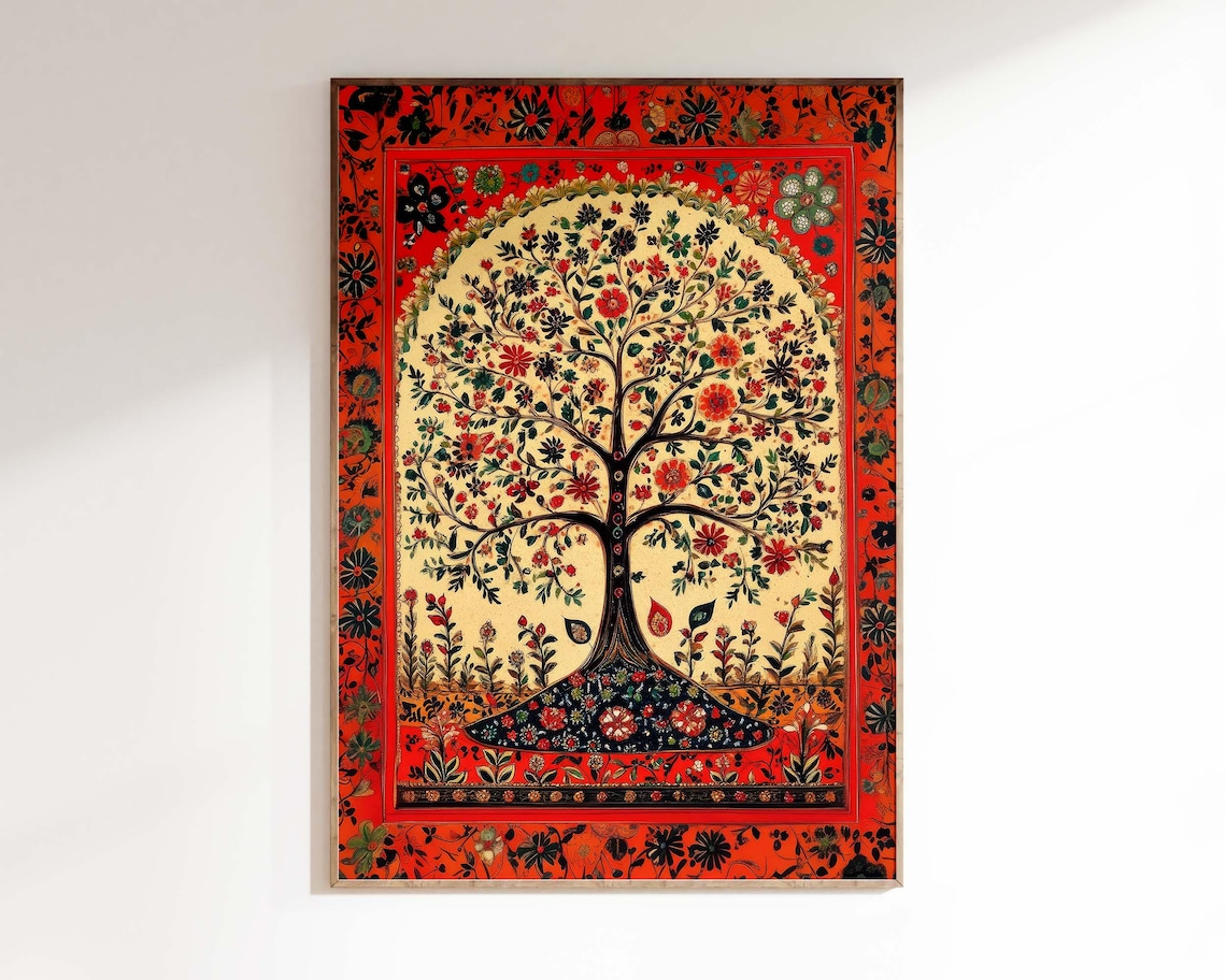 Traditional Indian Folk Wall Art Red Floral Landscape Painting Living Room Decor Antique Indian Art Botanical Indian Painting - Image 3