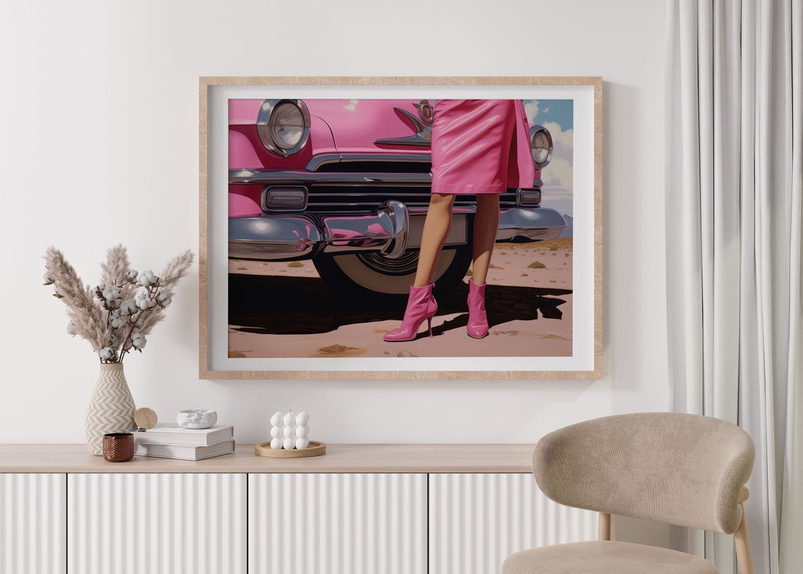 Pink Vintage Car With Pink Boots On A Desert Road Art Print Decor - Image 2