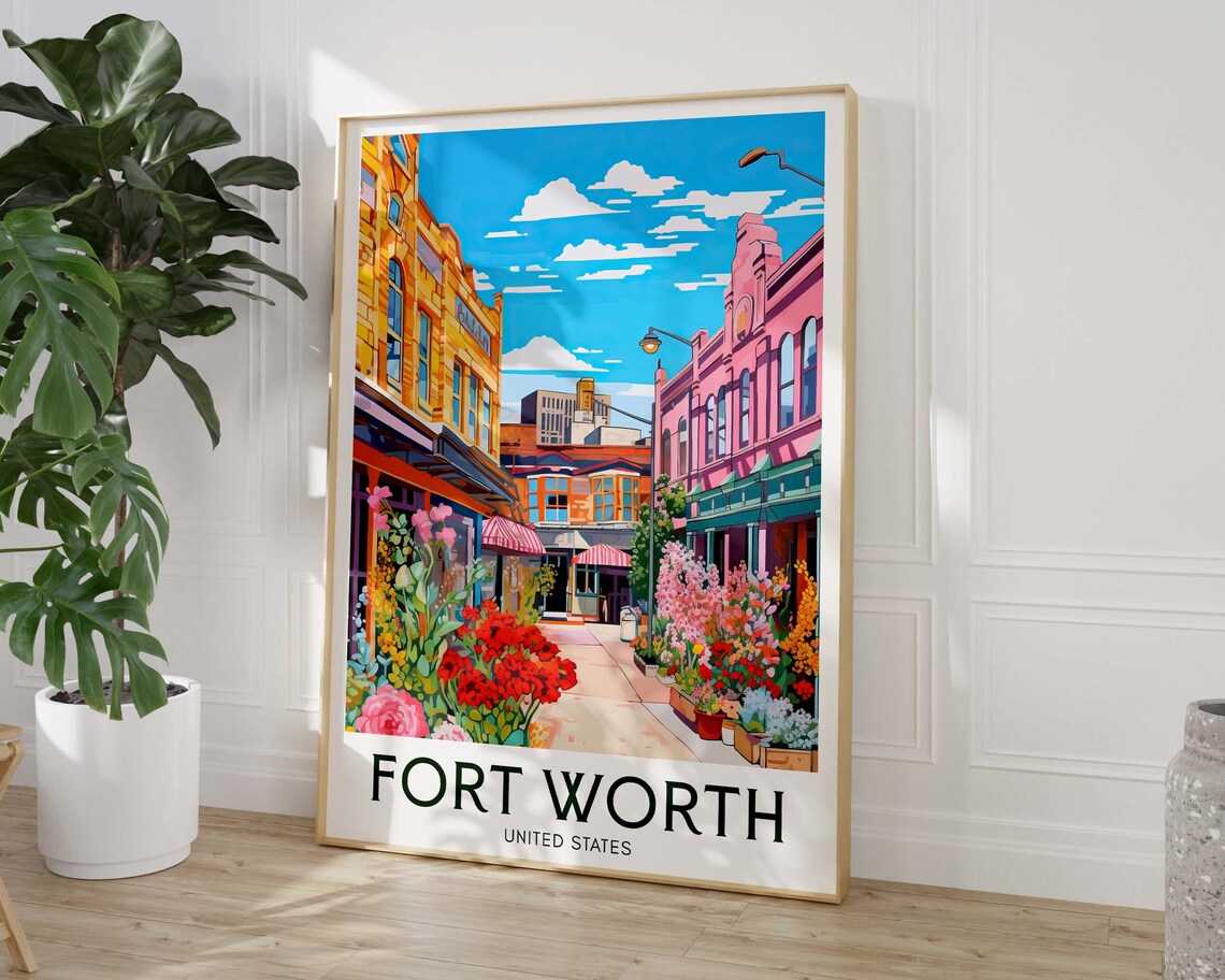 Fort Worth Texas Flower Lined Downtown Street Colorful City Poster - Image 3