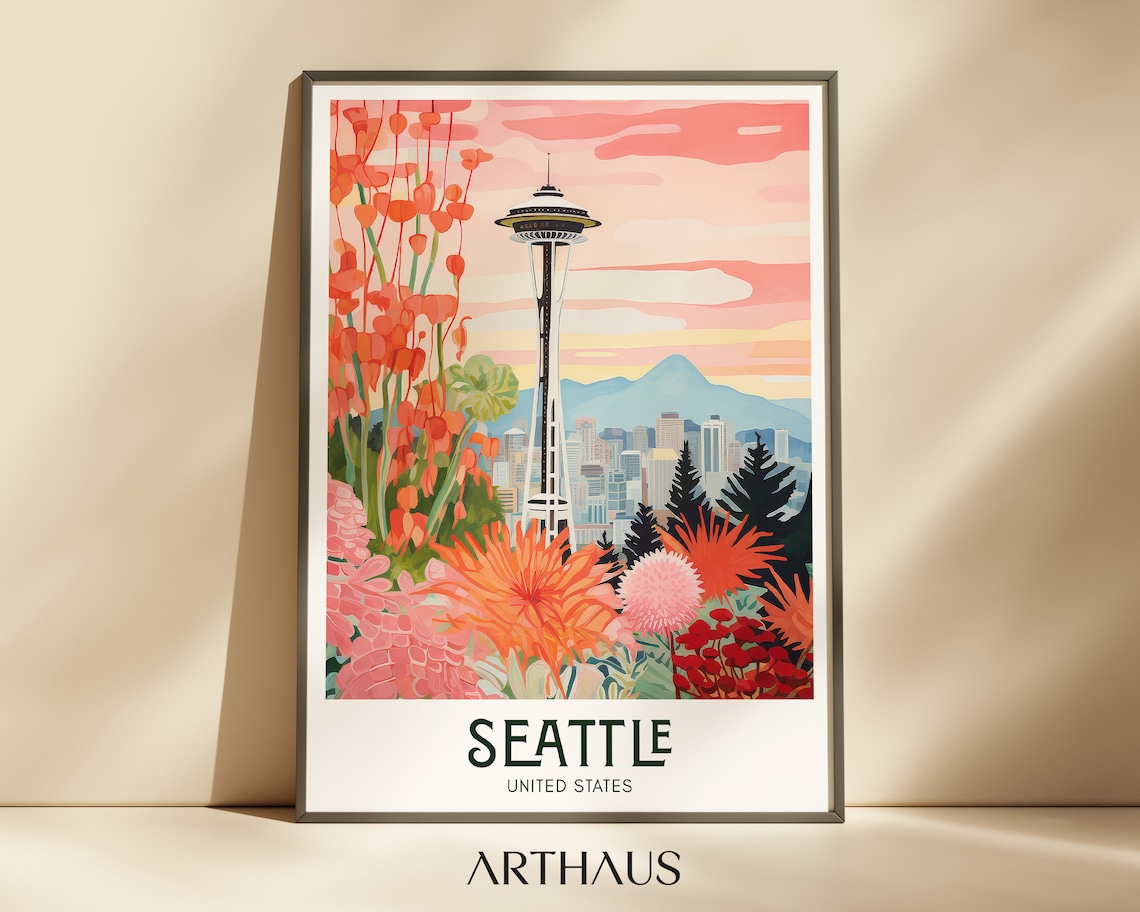 Seattle Travel Poster, Maximalist City Skyline Art Print
