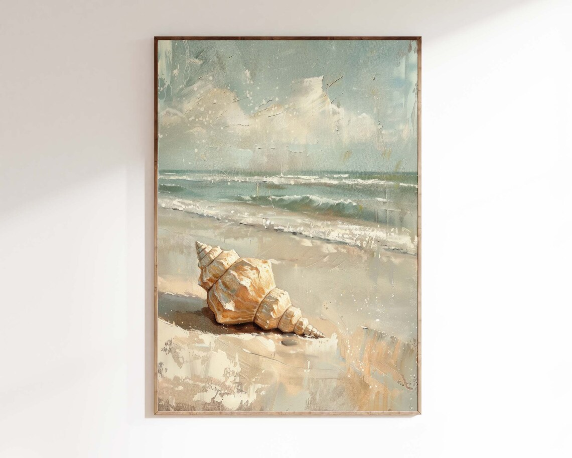 Vintage Seashell on Beach Coastal Oil Painting Neutral Art Poster - Image 2