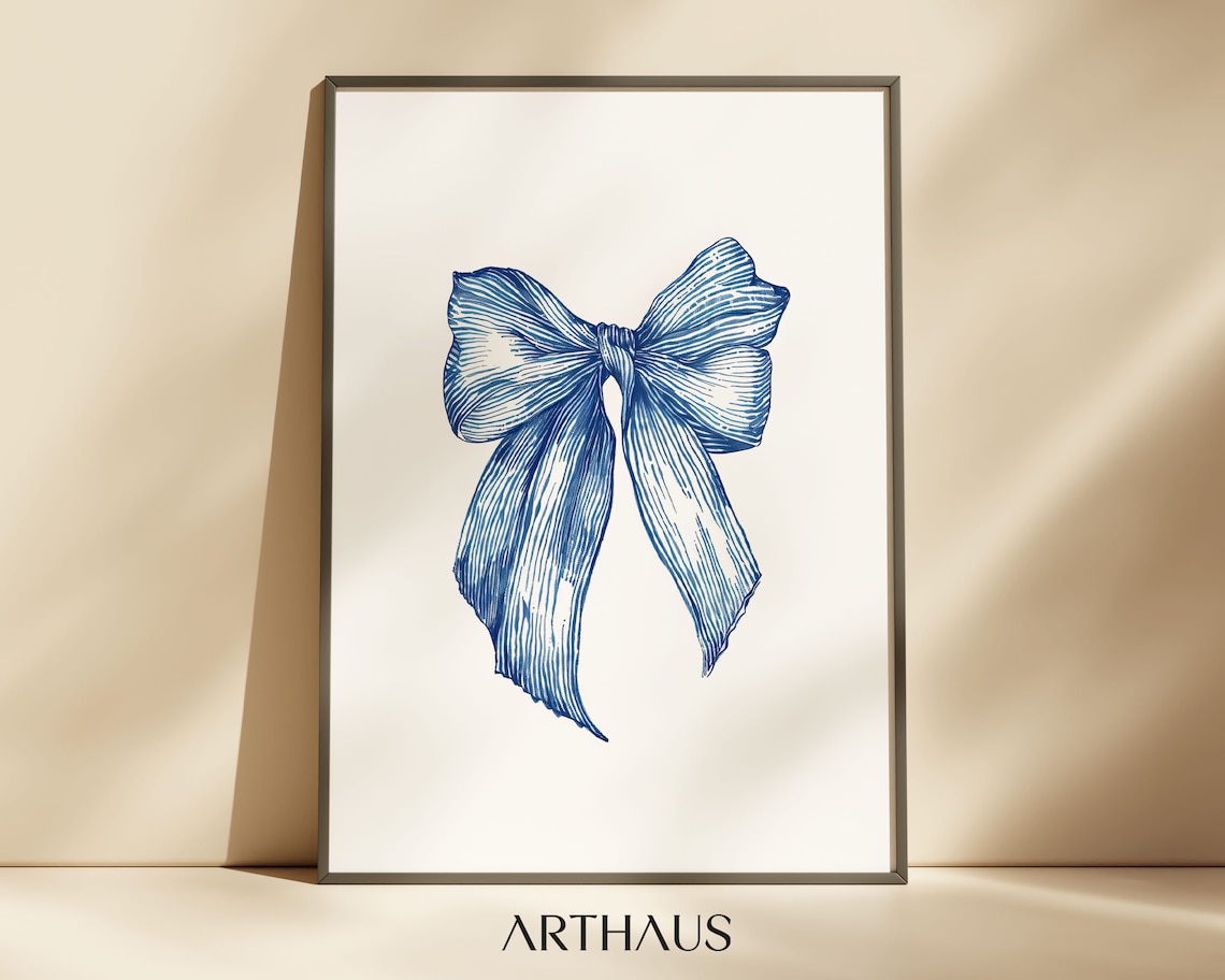 Blue Bow Coquette Art Print, Preppy Dorm Decor