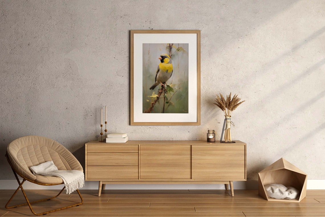 Small Yellow Songbird Perched on Branch Nature Painting Style Poster - Image 2