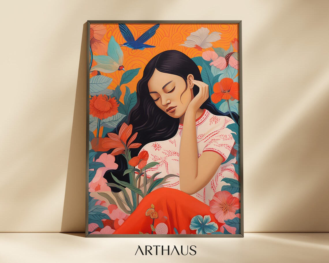 Latina Woman Floral Maximalist Art Vibrant Folk Portrait Poster