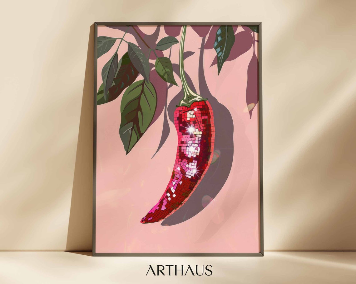 Funky Disco Ball Chili Pepper Maximalist Pink Kitchen Wall Art
