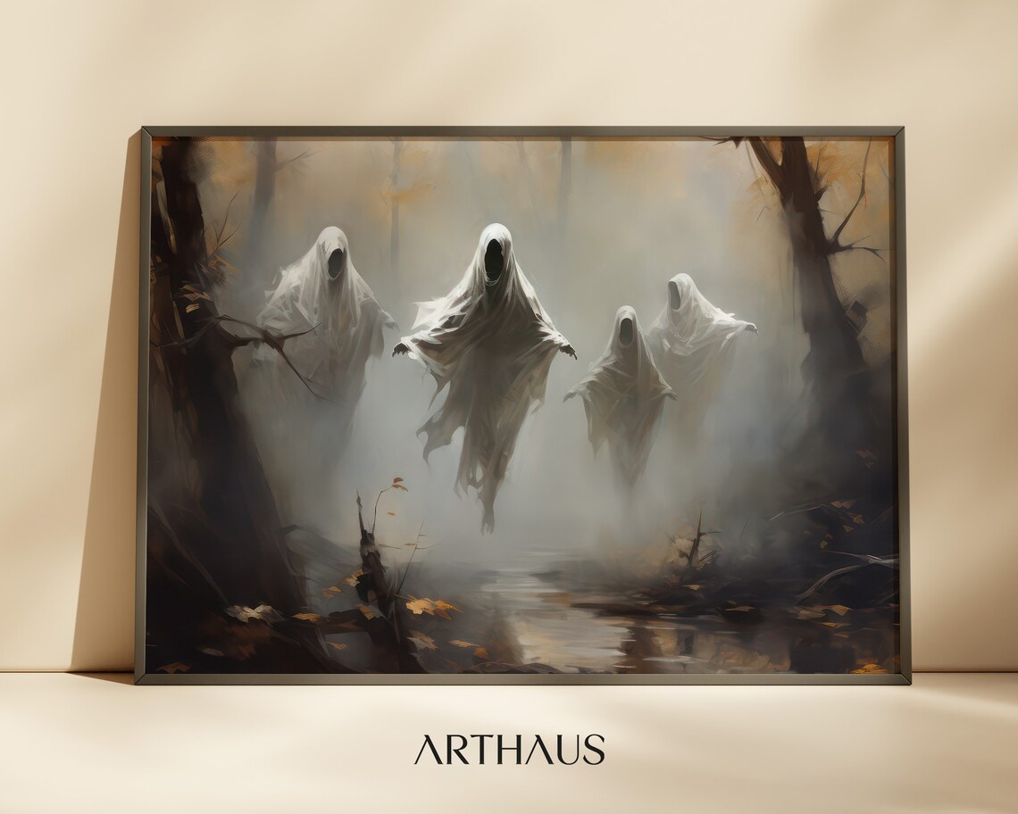 Spooky Ghosts in Foggy Autumn Forest Halloween Horror Wall Art