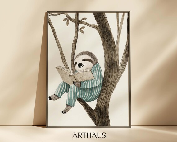 Sleepy Sloth Reading Book in Tree Teal Pajamas Nursery Wall Art