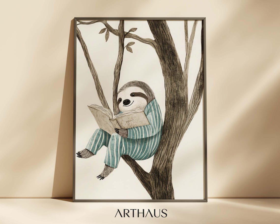Sleepy Sloth Reading Book in Tree Teal Pajamas Nursery Wall Art