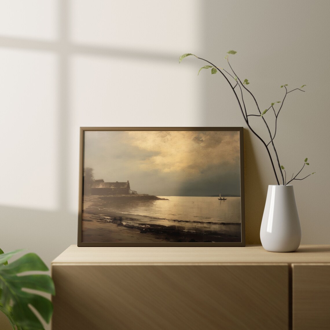 Vintage Antique Seaside Cottage Sailboat Moody Coast Oil Art Poster - Image 2