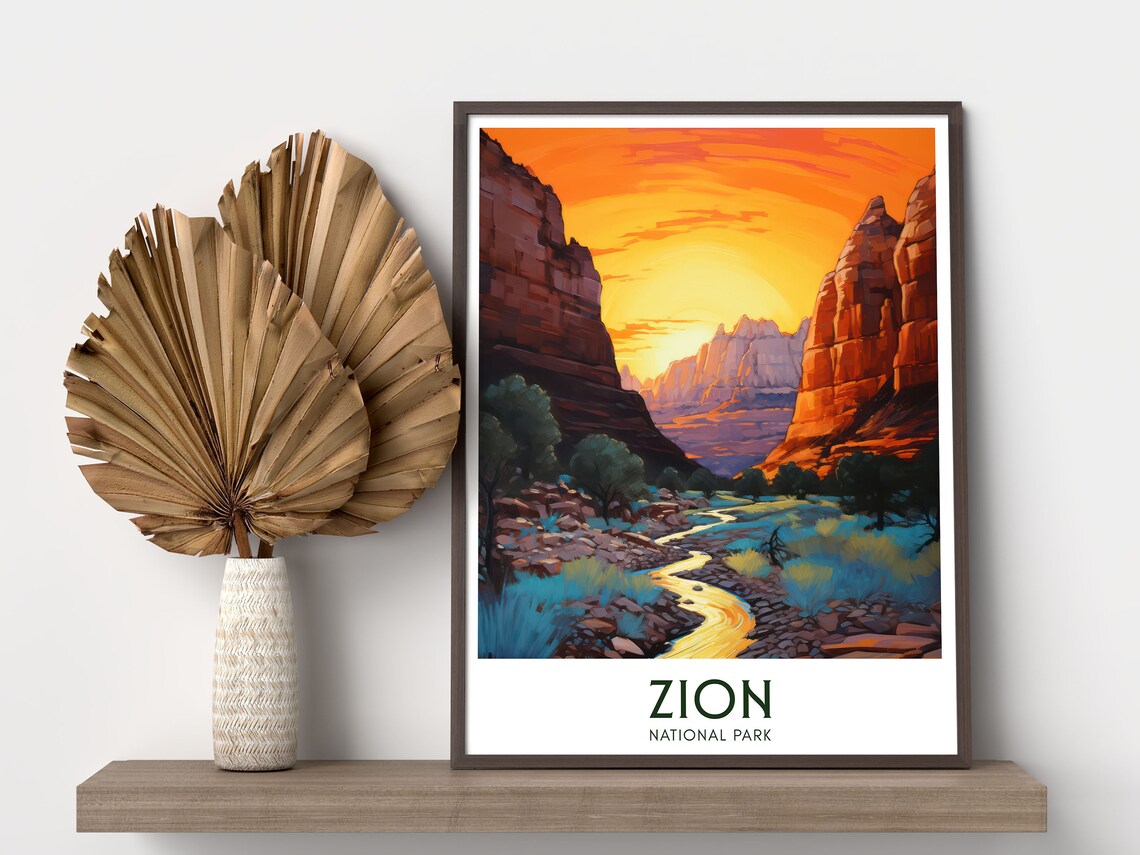 Zion National Park Red Rock Canyon Sunset River Desert Travel Poster - Image 3