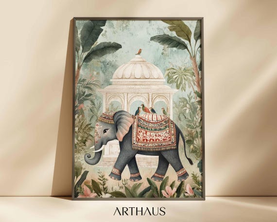 Indian Elephant Folk Art Travel Poster, Vintage Palace