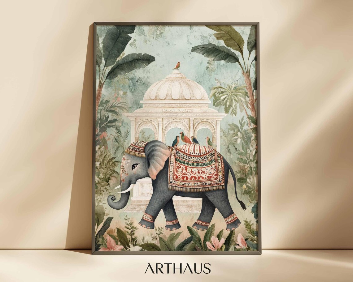 Indian Elephant Folk Art Travel Poster, Vintage Palace