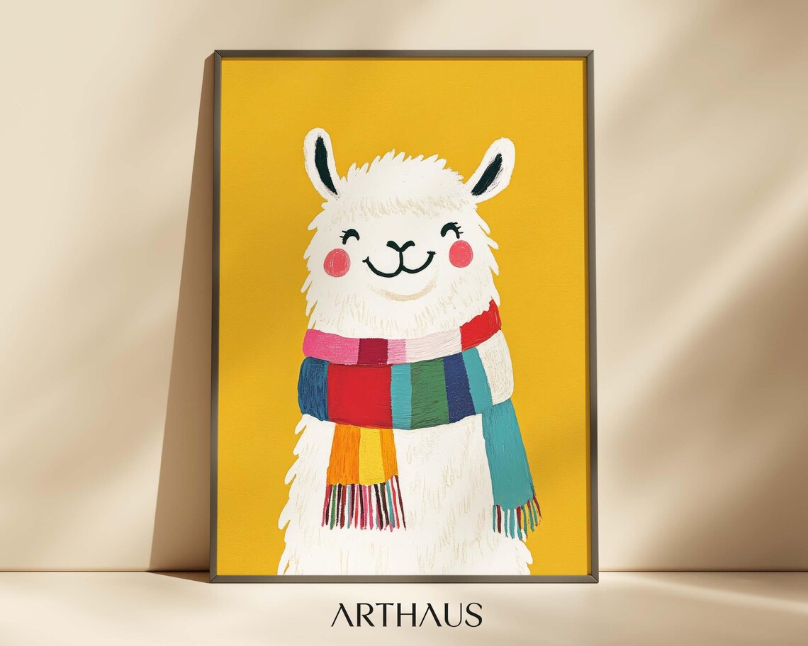 Cute Smiling Llama Colorful Scarf Mustard Yellow Nursery Wall Art